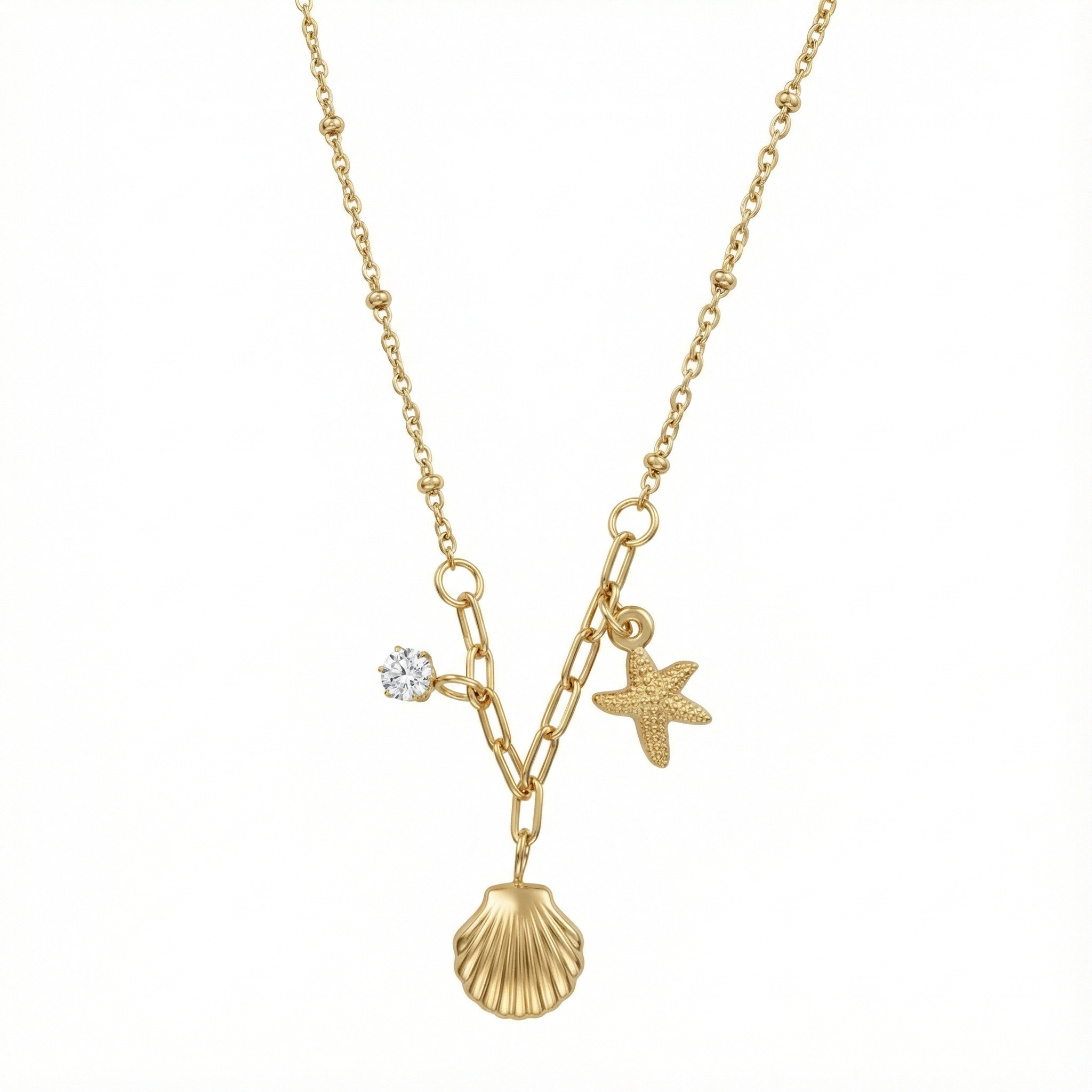 Collier coquillage et étoile en acier inoxydable doré